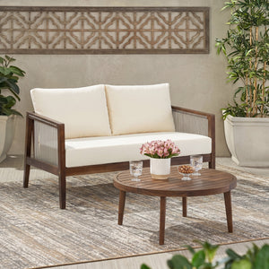 Outdoor Loveseat and Coffee Table Set, Acacia Wood Frame with Rope Detail