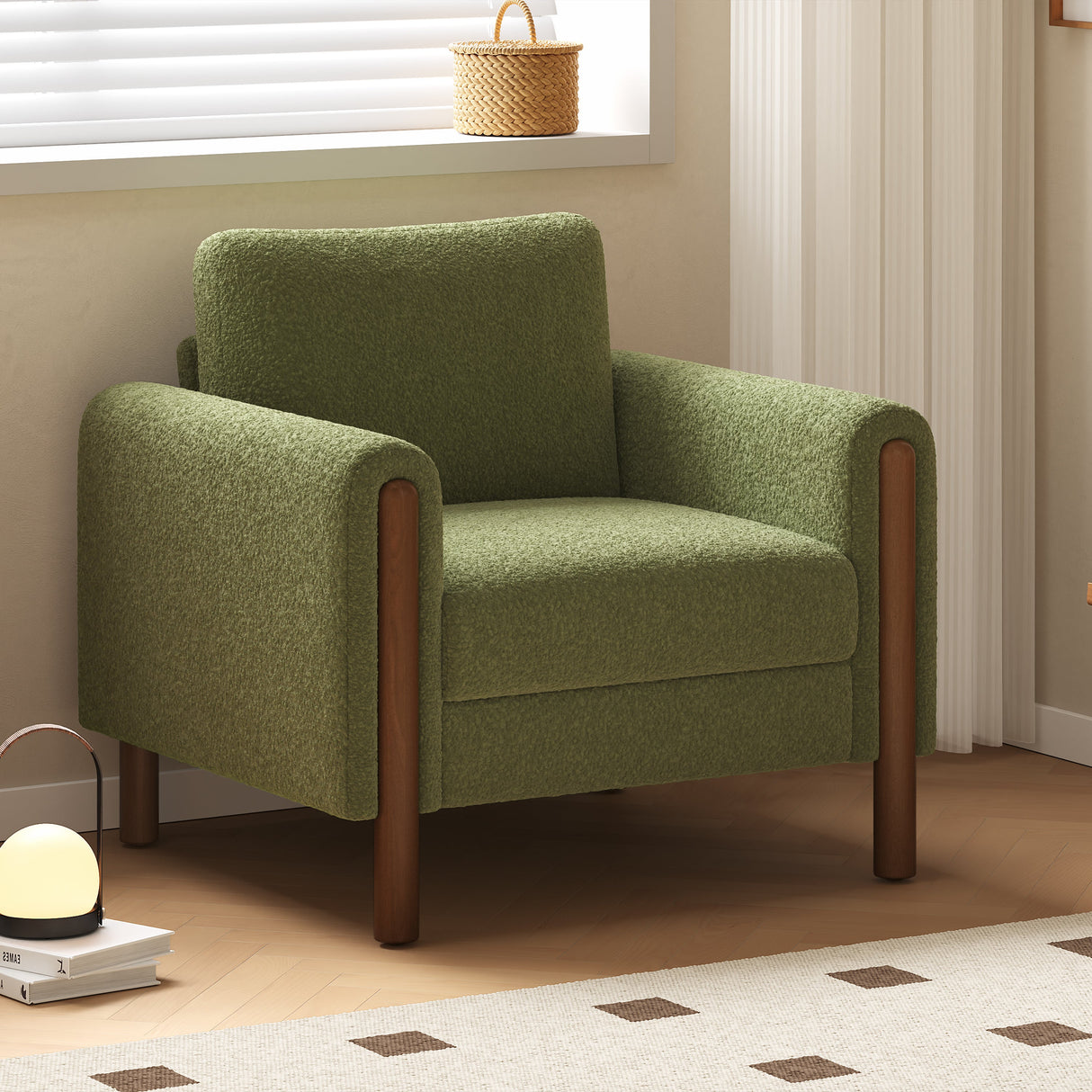 Upholstered Accent Chair with Walnut Legs and Curved Armrest