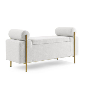 Elegant Upholstered Storage Bench With Cylindrical Arms And Iron Legs,