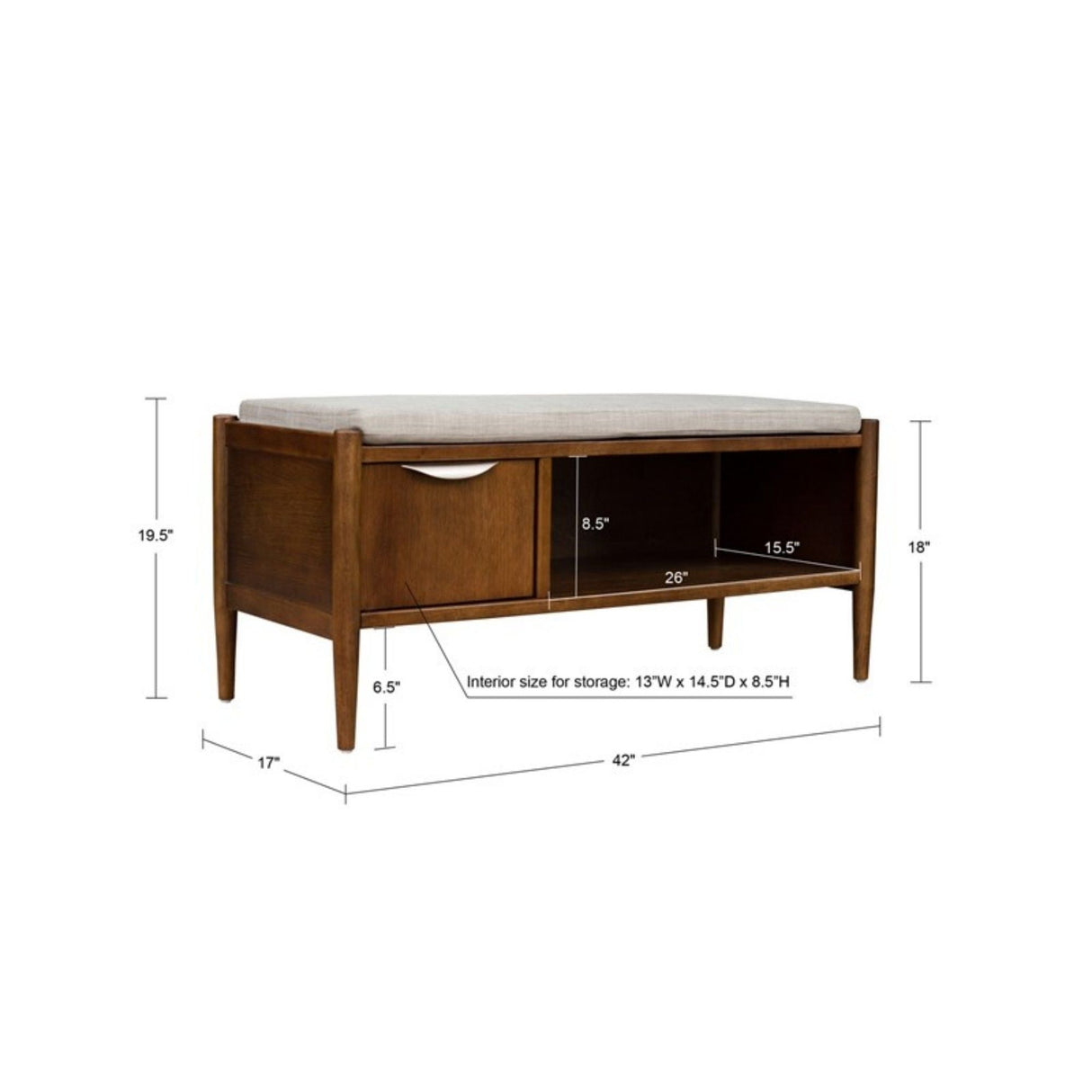 Accent Bench With Storage, Upholstered Cushion - Walnut Brown