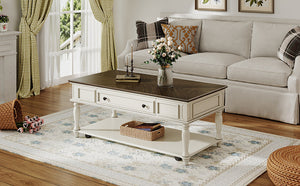 Farmhouse Coffee Table with One Drawer in Grey and White