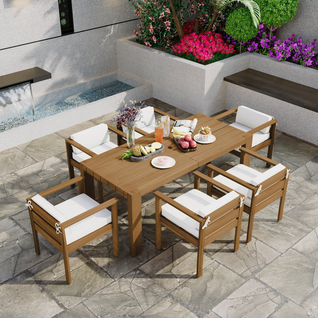 TREXM 7-Piece Patio Dining Table Set for 6,Outdoor Furniture Sets with 72.8'Rectangle Table,Patio Table and Chairs Set with Removable Cushions for Backyard,Garden,Poolside(Light Teak+Beige Cushion)