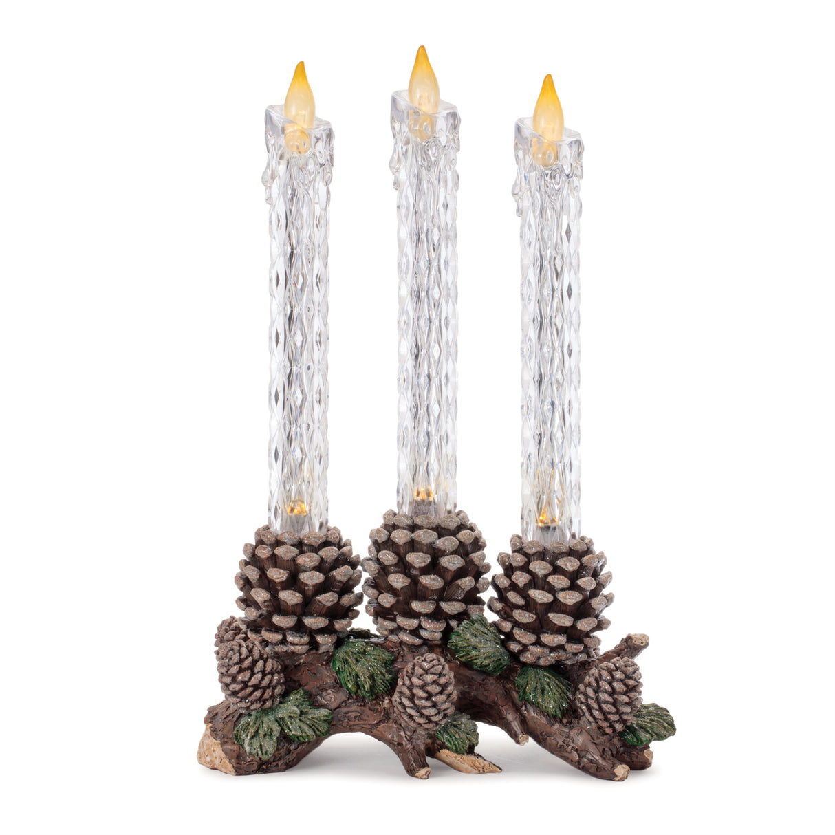 Led taper candle with pine branch and pinecone base 15.5"h