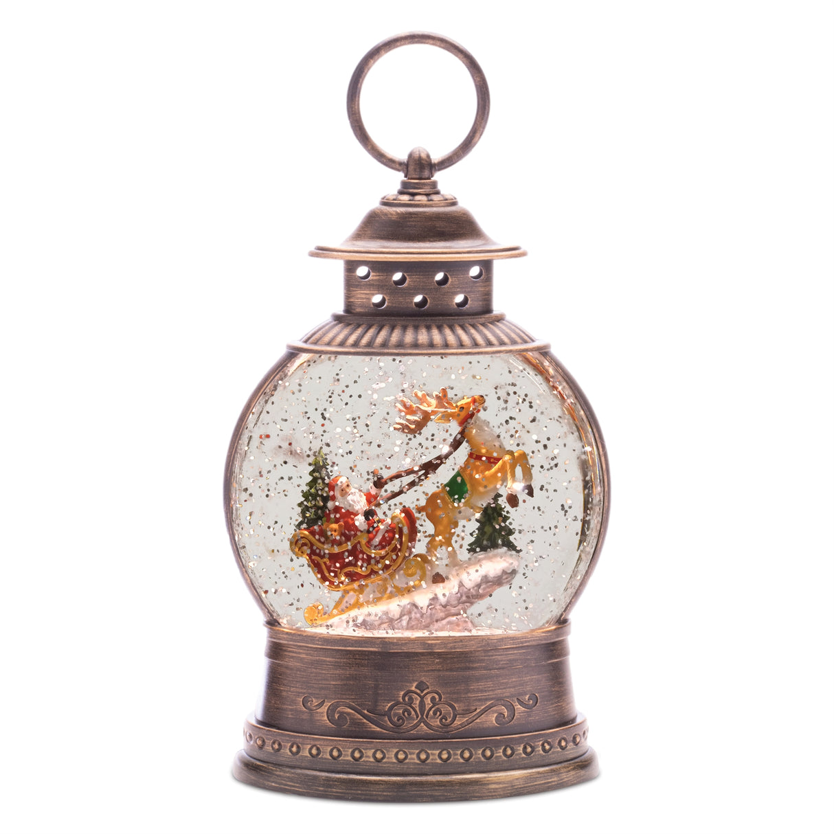 Led santa in sleigh snow globe 9"h