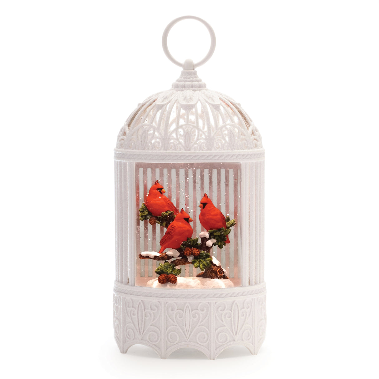 Led cardinal branch snow globe 11"h