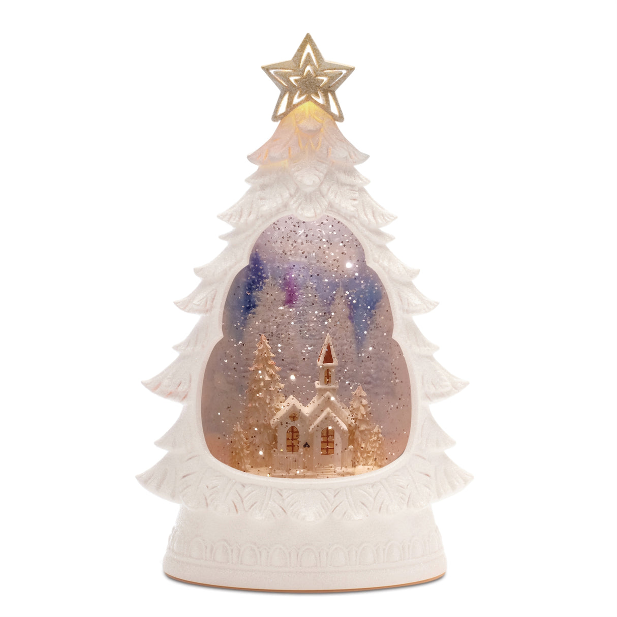 Led winter church pine tree snow globe 12"h