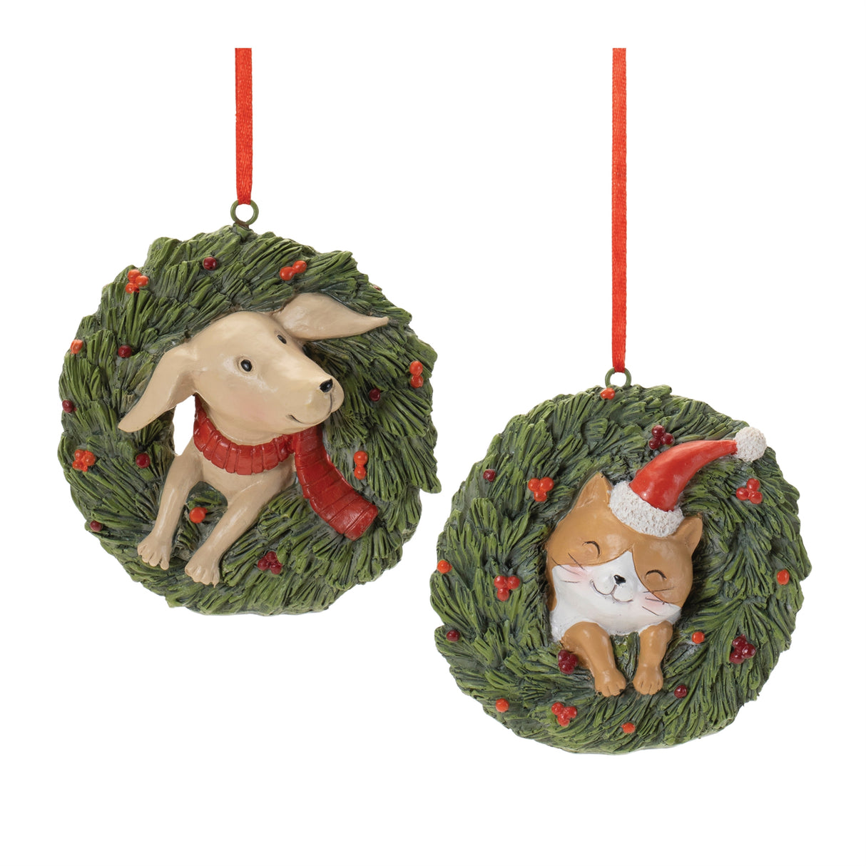 Playful-cat-and-dog-in-pine-wreath-ornament-(set-of-4)-Christmas-Ornaments