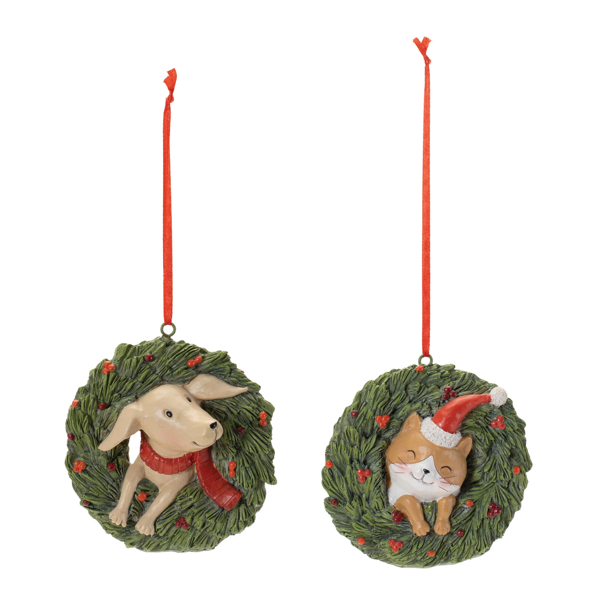 Playful cat and dog in pine wreath ornament (set of 4)