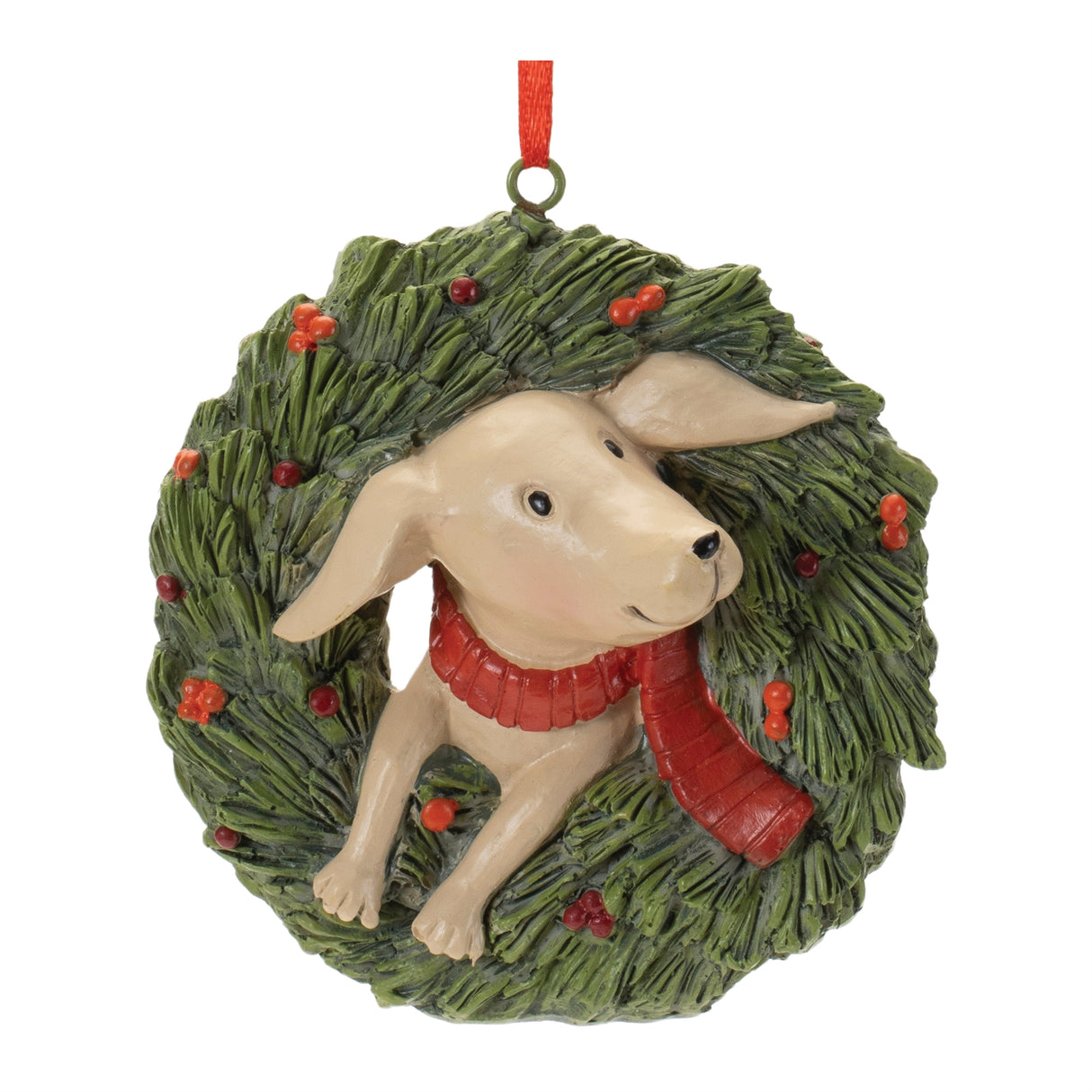 Playful cat and dog in pine wreath ornament (set of 4)