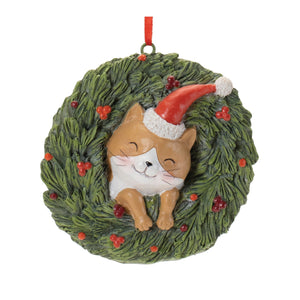 Playful Cat and Dog in Pine Wreath Ornament (Set of 4)