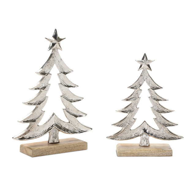 Metal-christmas-tree-with-wood-base-(set-of-2)-Christmas-Trees