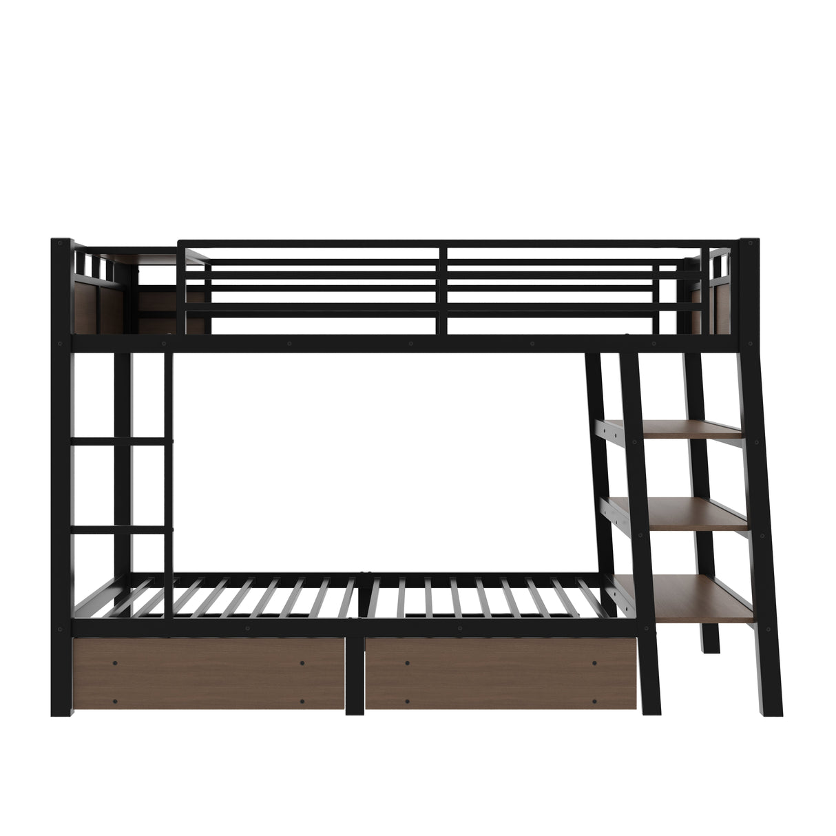 Twin Size Metal Bunk Bed with Storage Shelves, LED Light Strip, and USB Power Strip