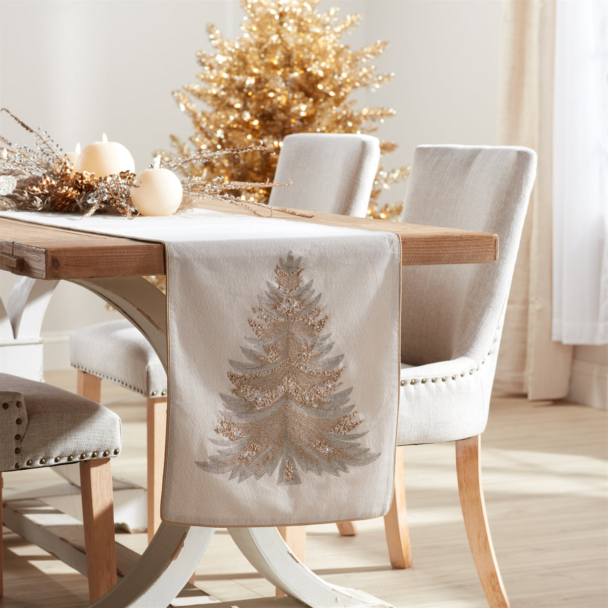 Bead embroidered pine tree table runner 72"l