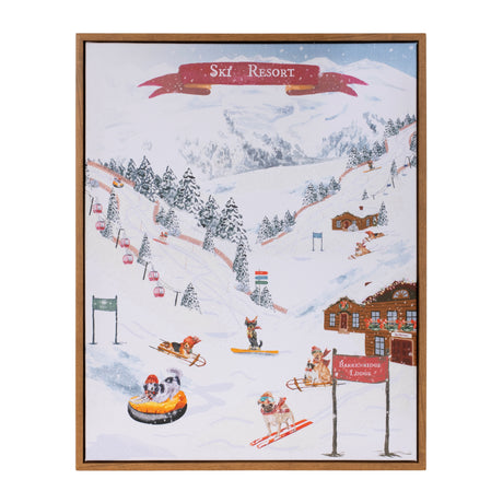 Framed dog ski resort print 20"h