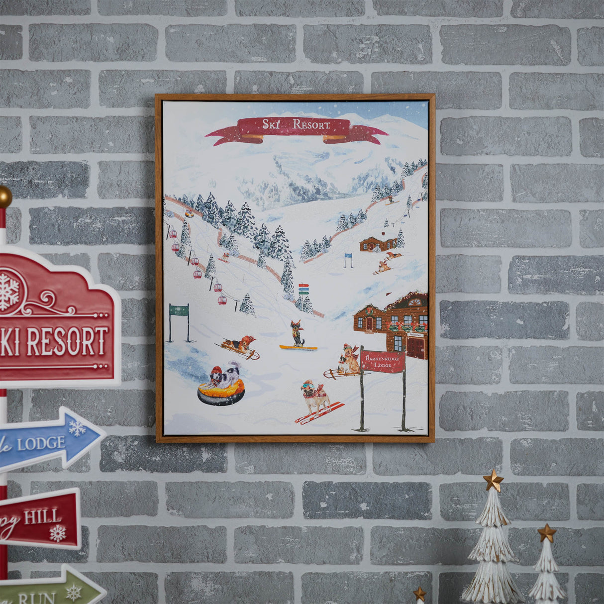 Framed dog ski resort print 20"h