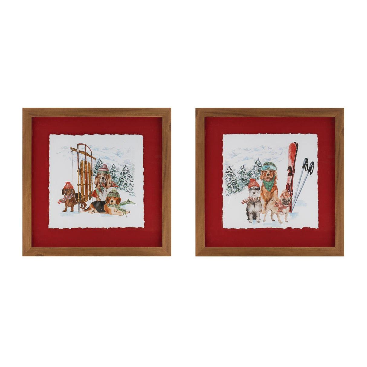 Framed dog sled and ski print under glass (set of 2)