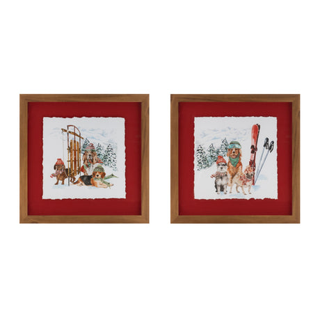 Framed dog sled and ski print under glass (set of 2)