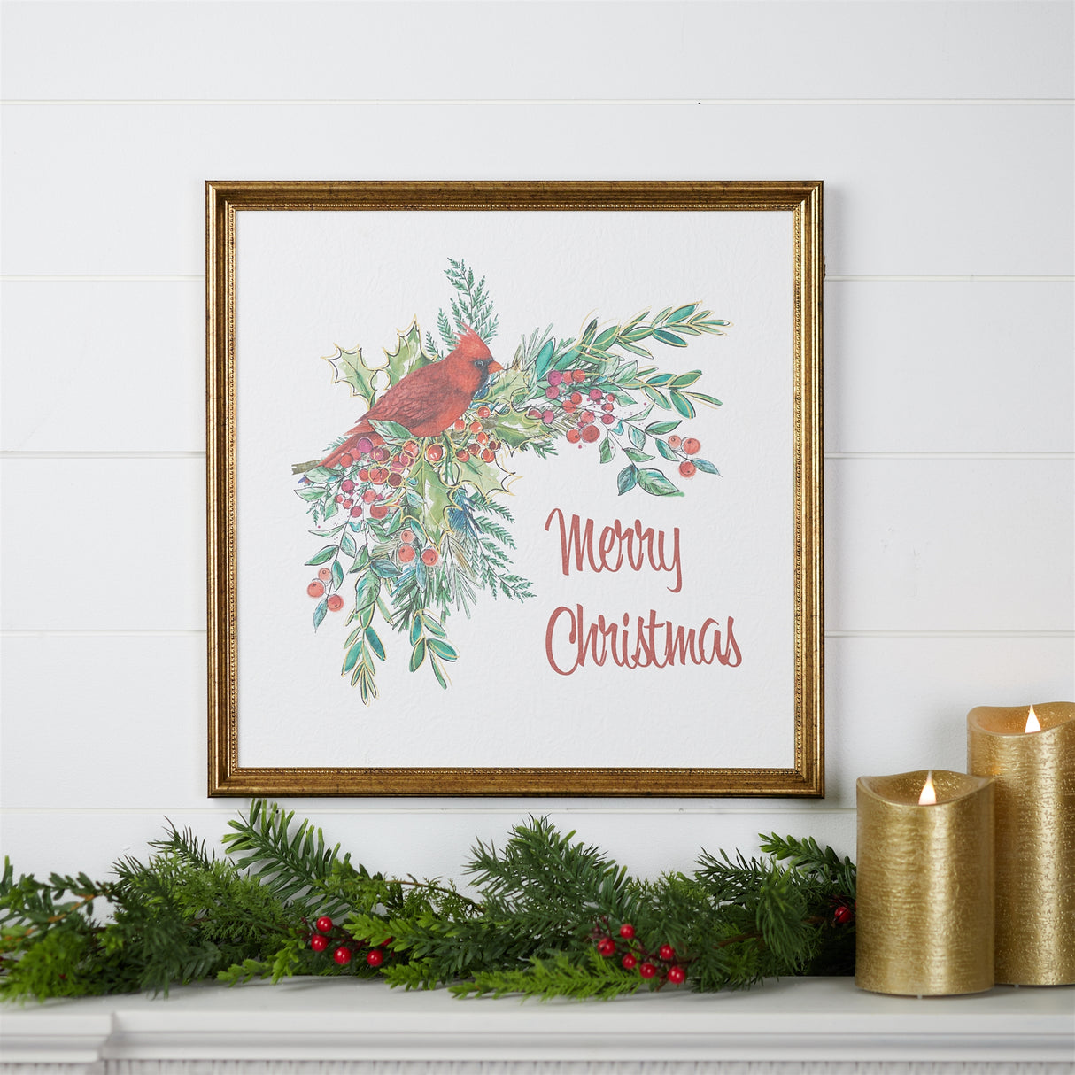 Framed merry christmas cardinal print 16"sq