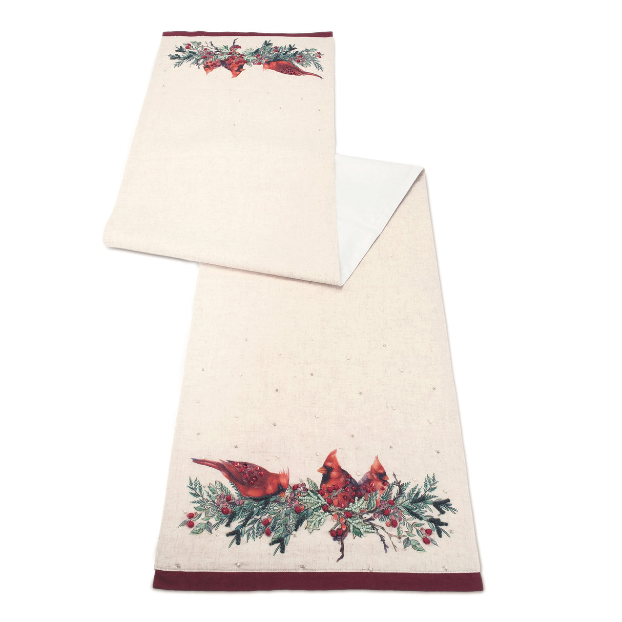Beaded cardinal bird table runner 72"l