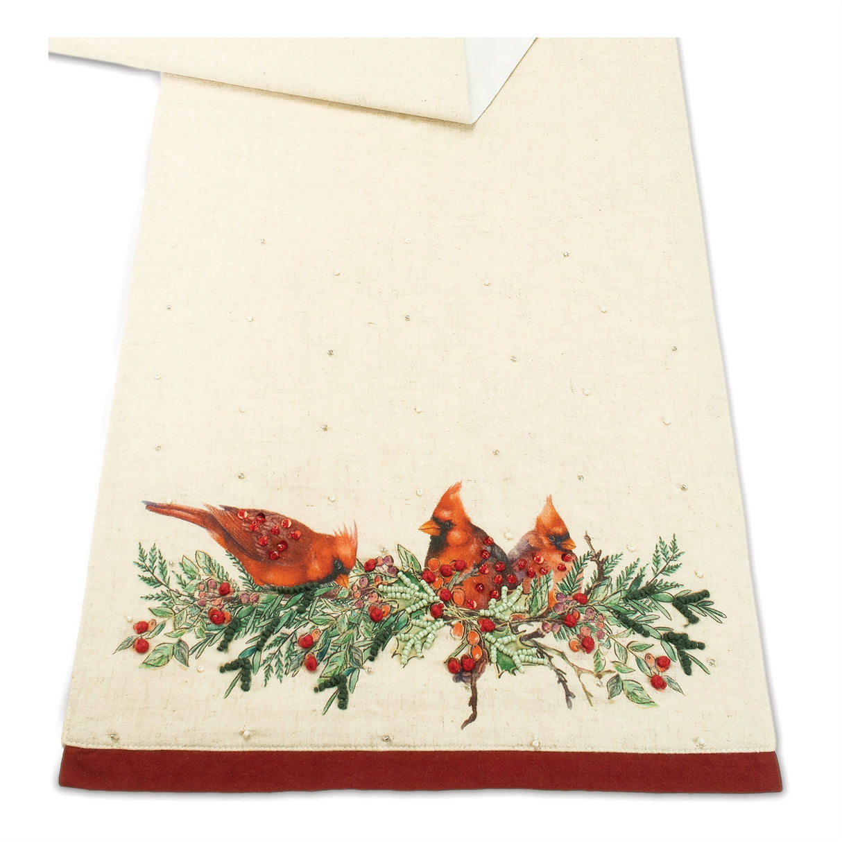 Beaded cardinal bird table runner 72"l