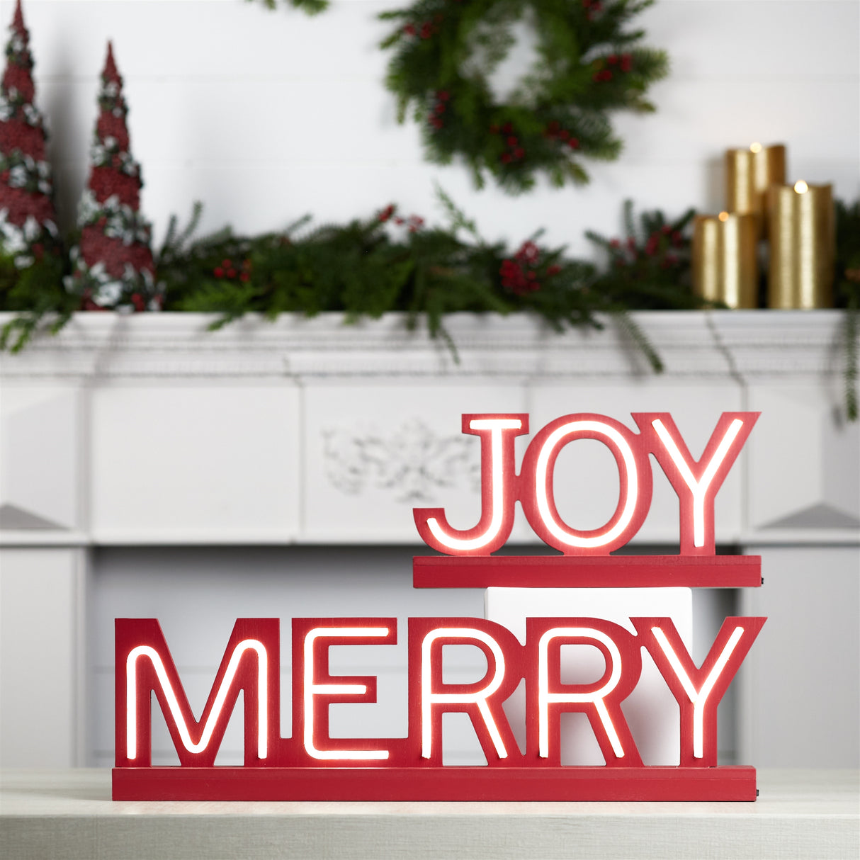 Led joy and merry tabletop sign (set of 2)