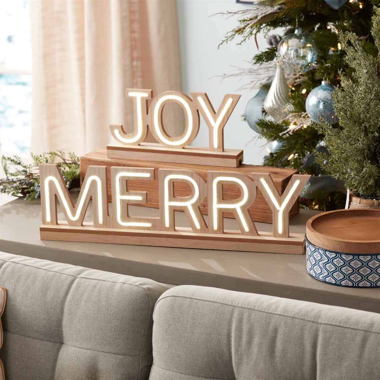 Led joy and merry tabletop sign (set of 2)