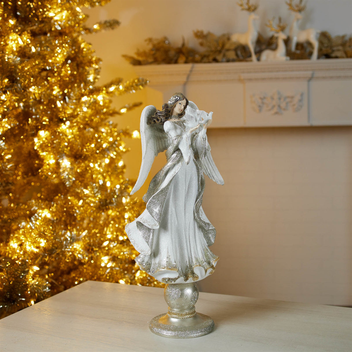 Holiday angel statue on pedestal 20"h