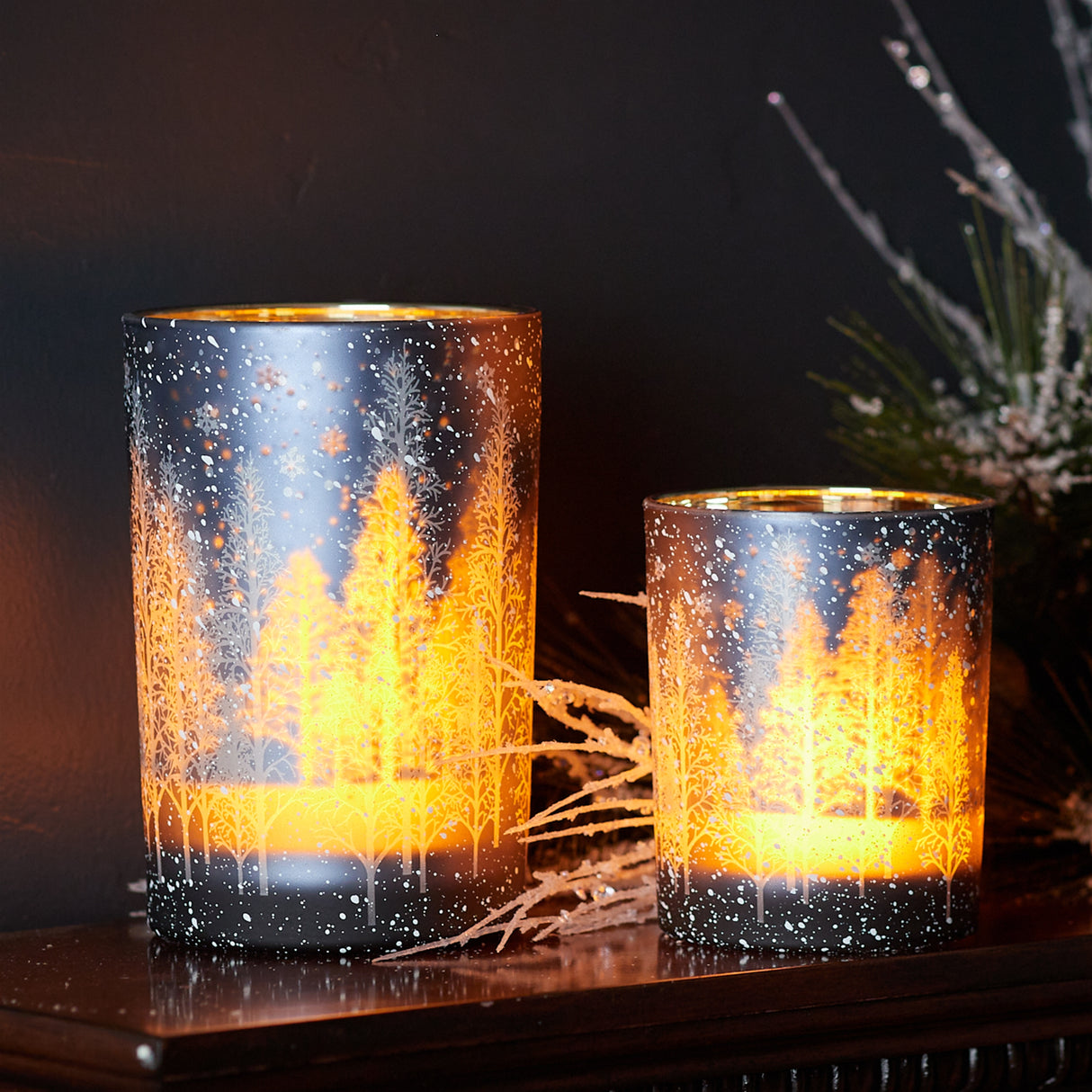Navy pine tree glass candle holder (set of 2)