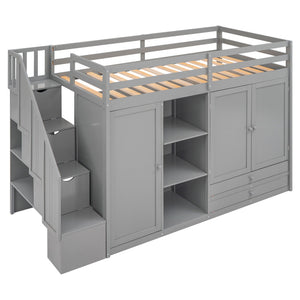 Loft Bed With 3 Shelves, 2 Wardrobes, 2 Drawers, Ladder Storage