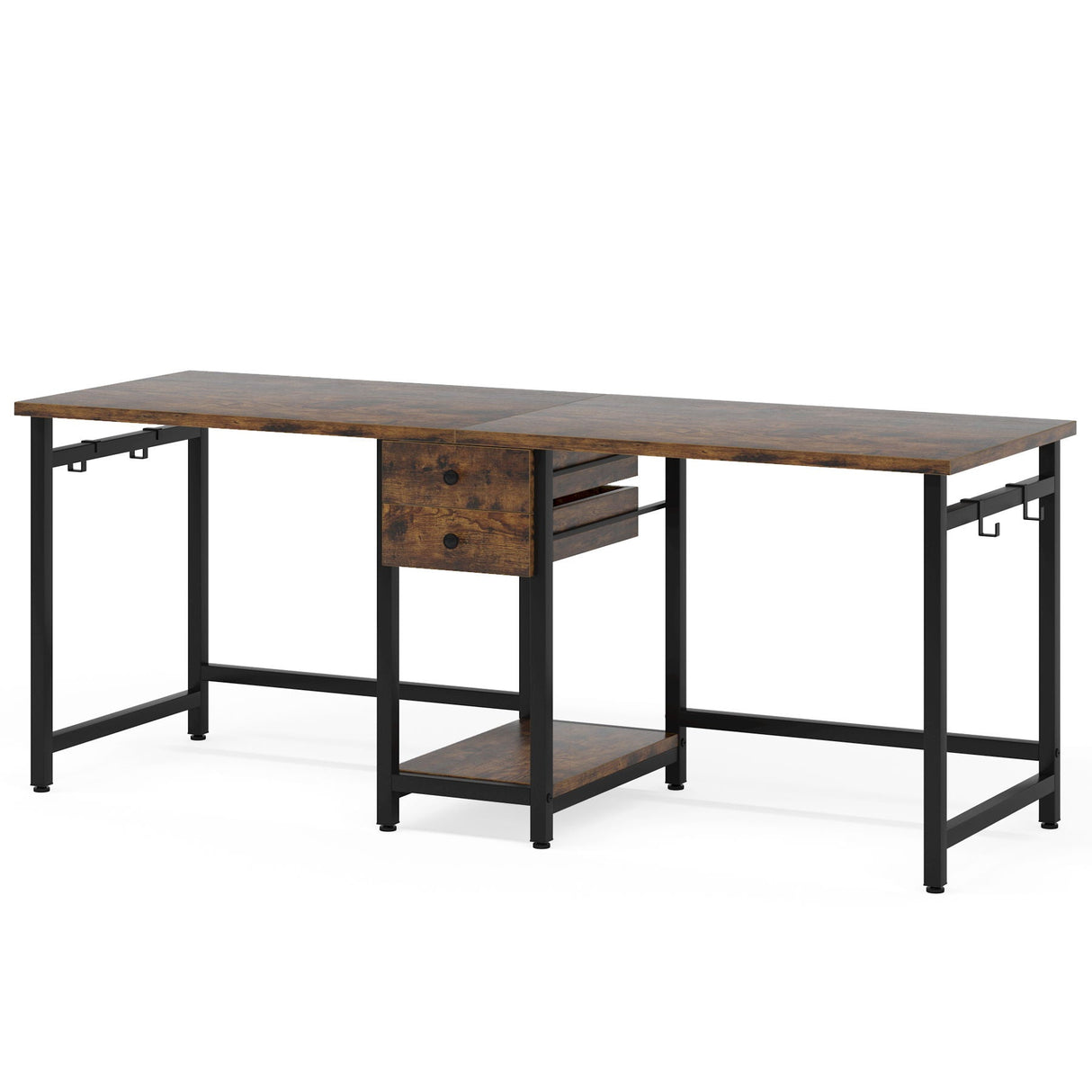 2 Person Computer Desk With Drawers And Shelves, Extra Long Double Workstation