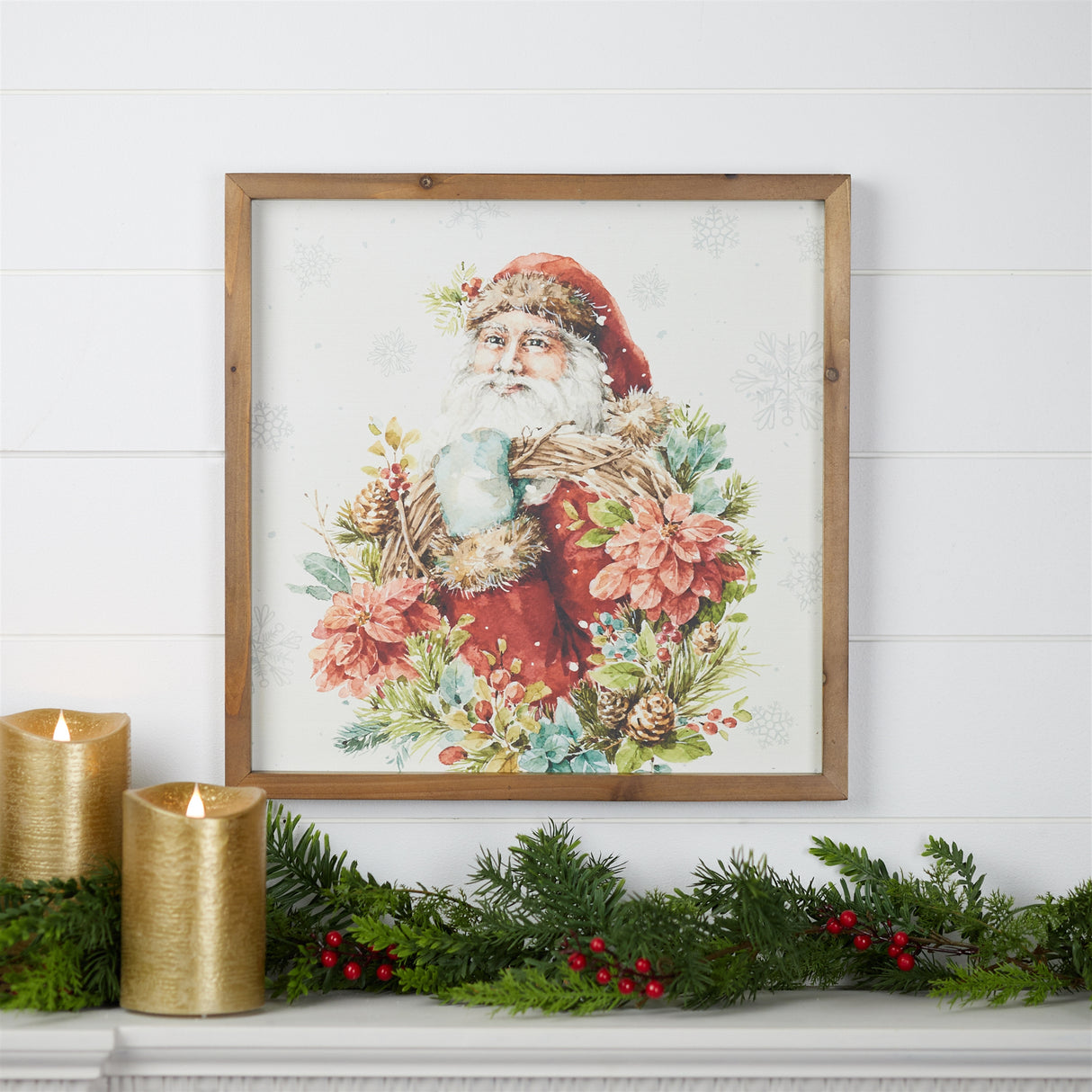 Framed winter florals and santa print 16"sq