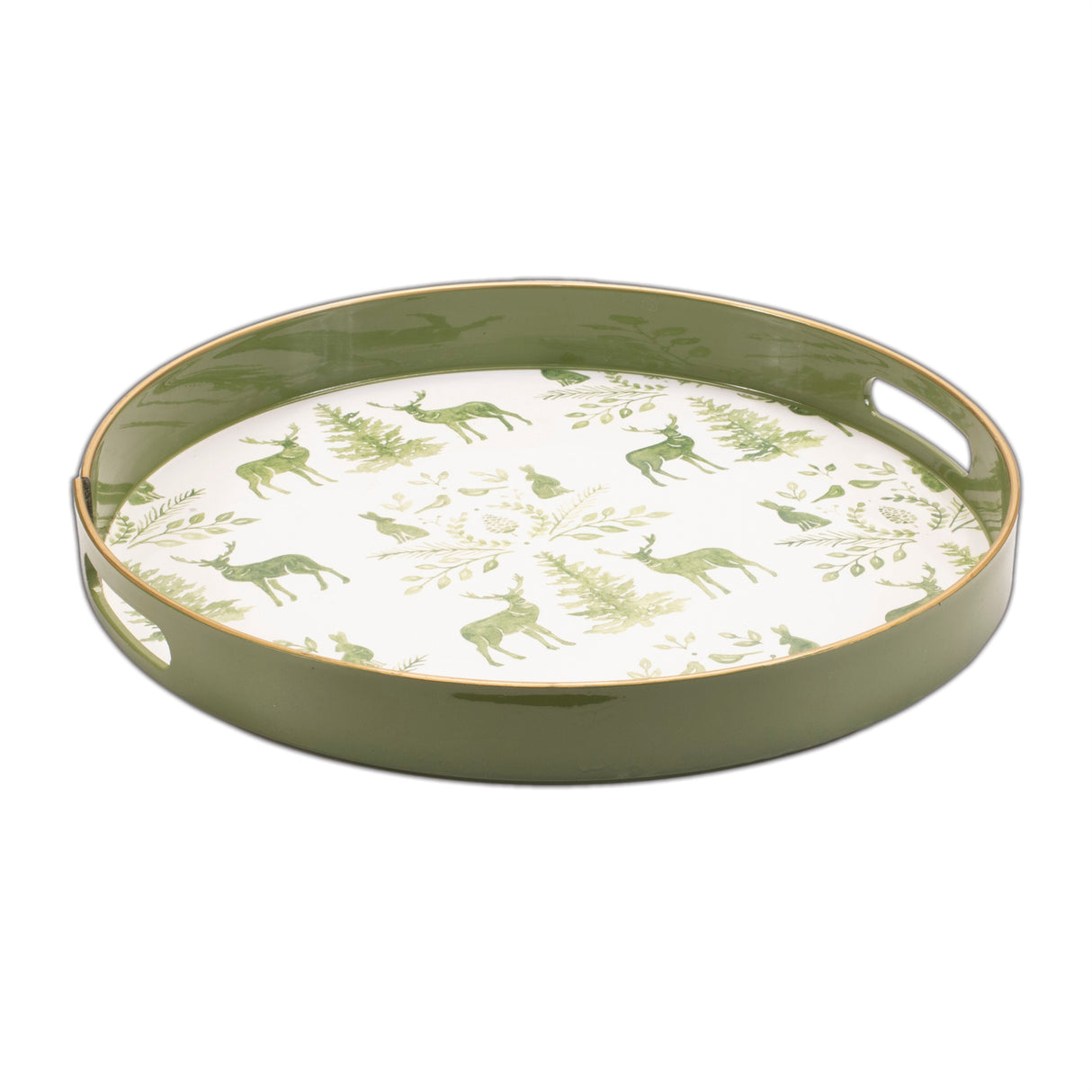 Round deer and pine tree print tray 13.5"h