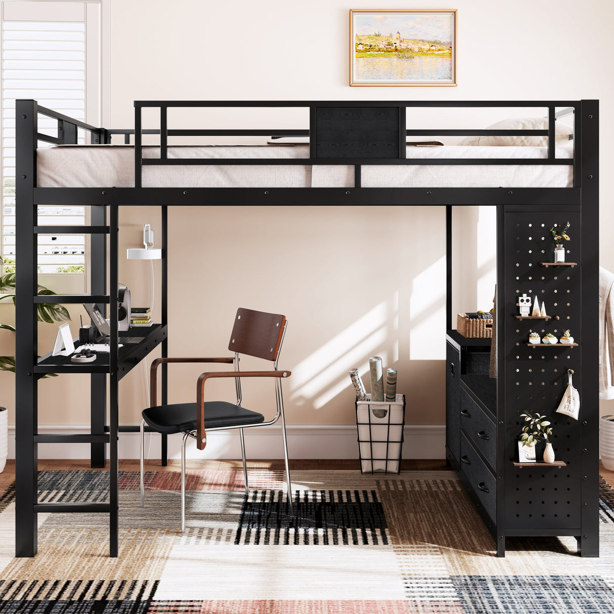 Queen Size Loft Bed with Desk & Shelves