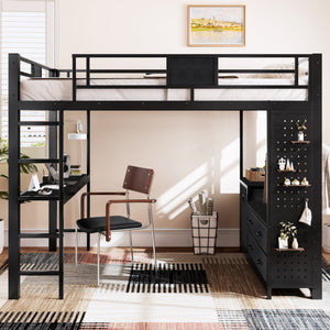 Queen Size Loft Bed with Desk & Shelves