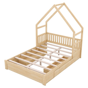 Queen Storage Platform Bed with Guardrail and 2 Drawers - White or Light Brown