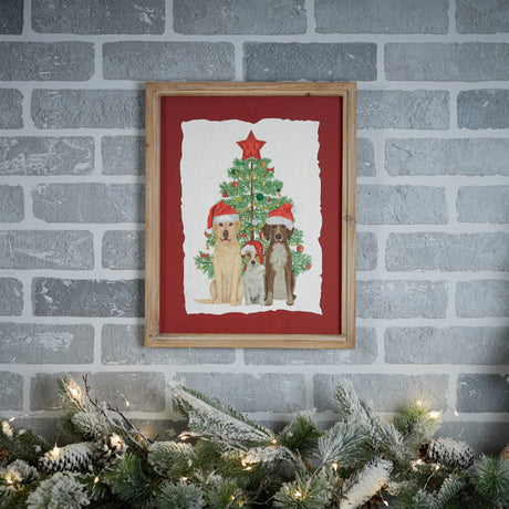 Framed holiday dogs and christmas tree print 15"h