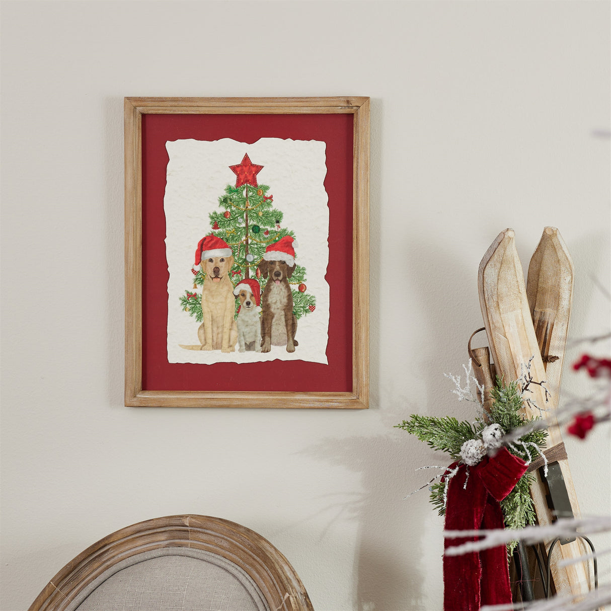 Framed holiday dogs and christmas tree print 15"h