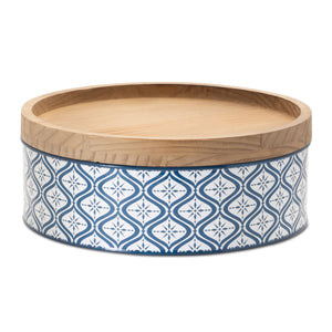 Metal patterned canister with natural wood lid (set of 2)