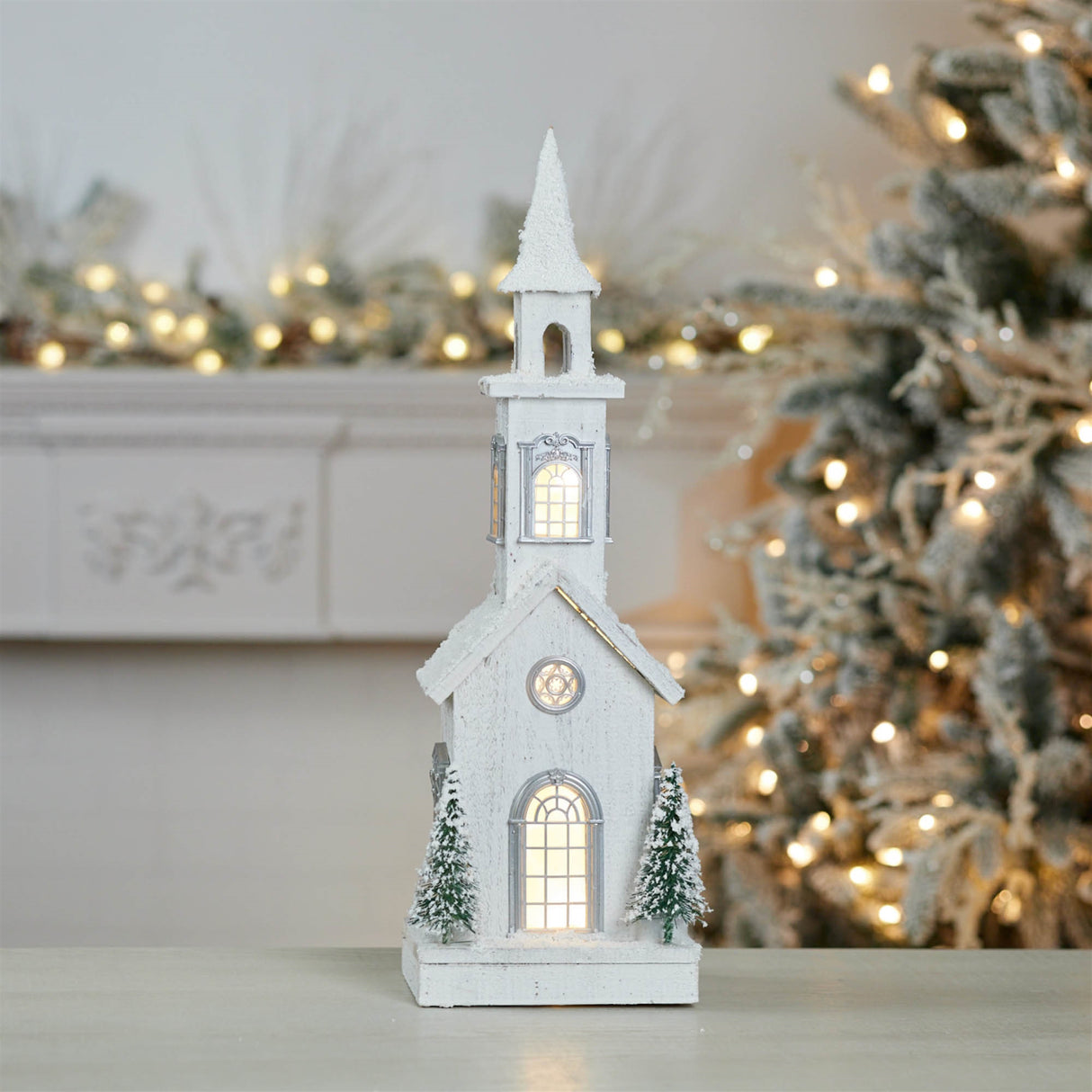Led flocked wooden church 24"h