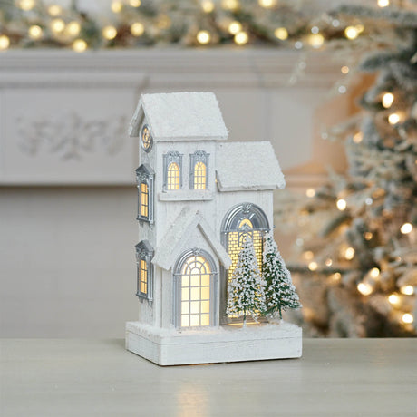 Led flocked wooden house 14.5"h