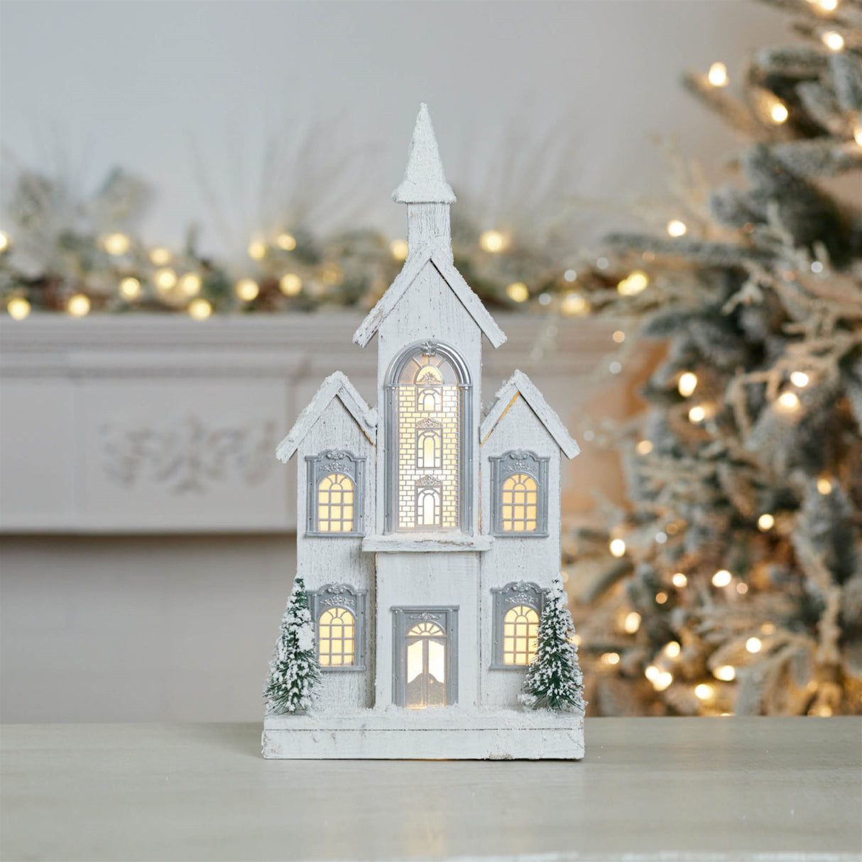 Led flocked wooden church 22"h