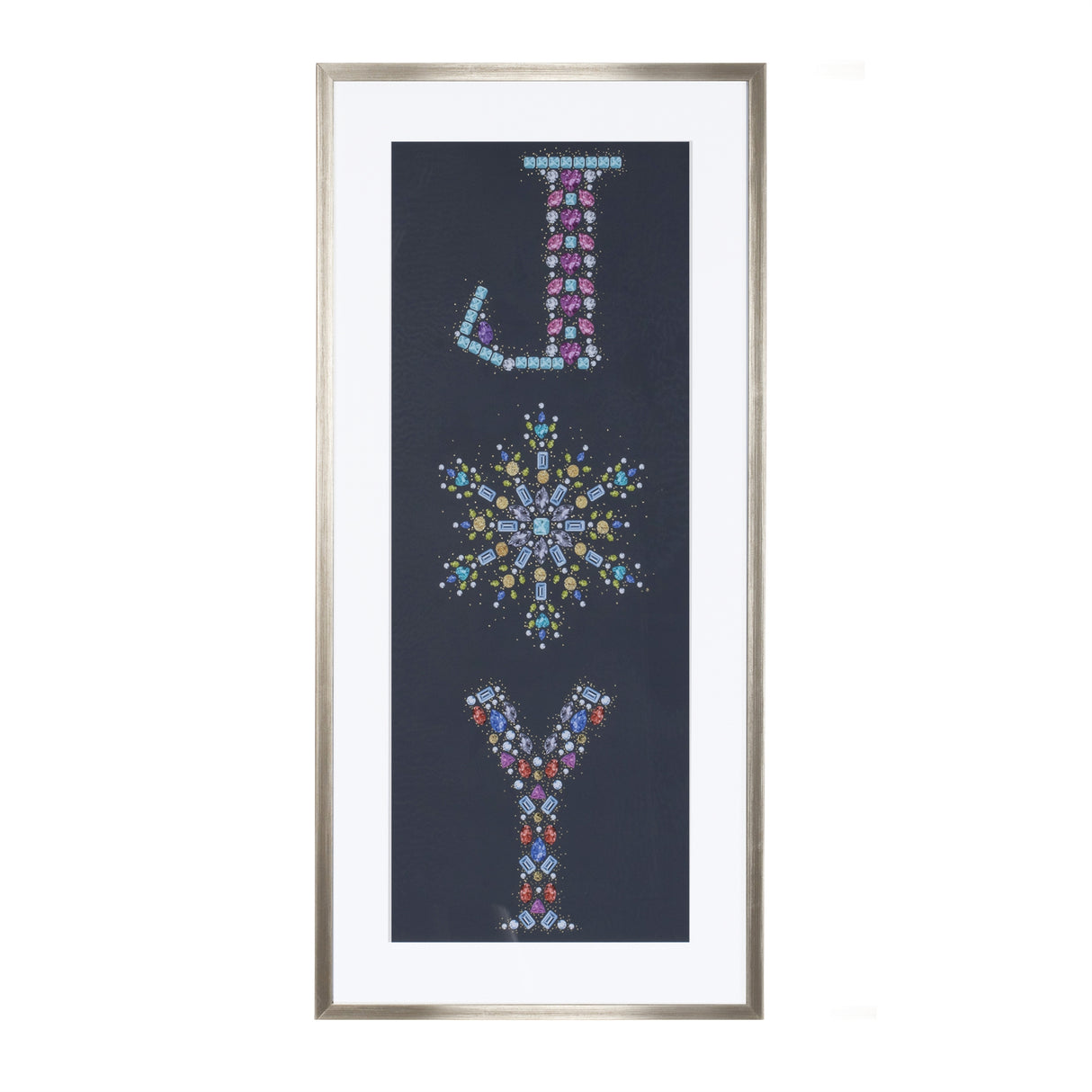 Holiday jewel "joy" print under glass 23.5"h