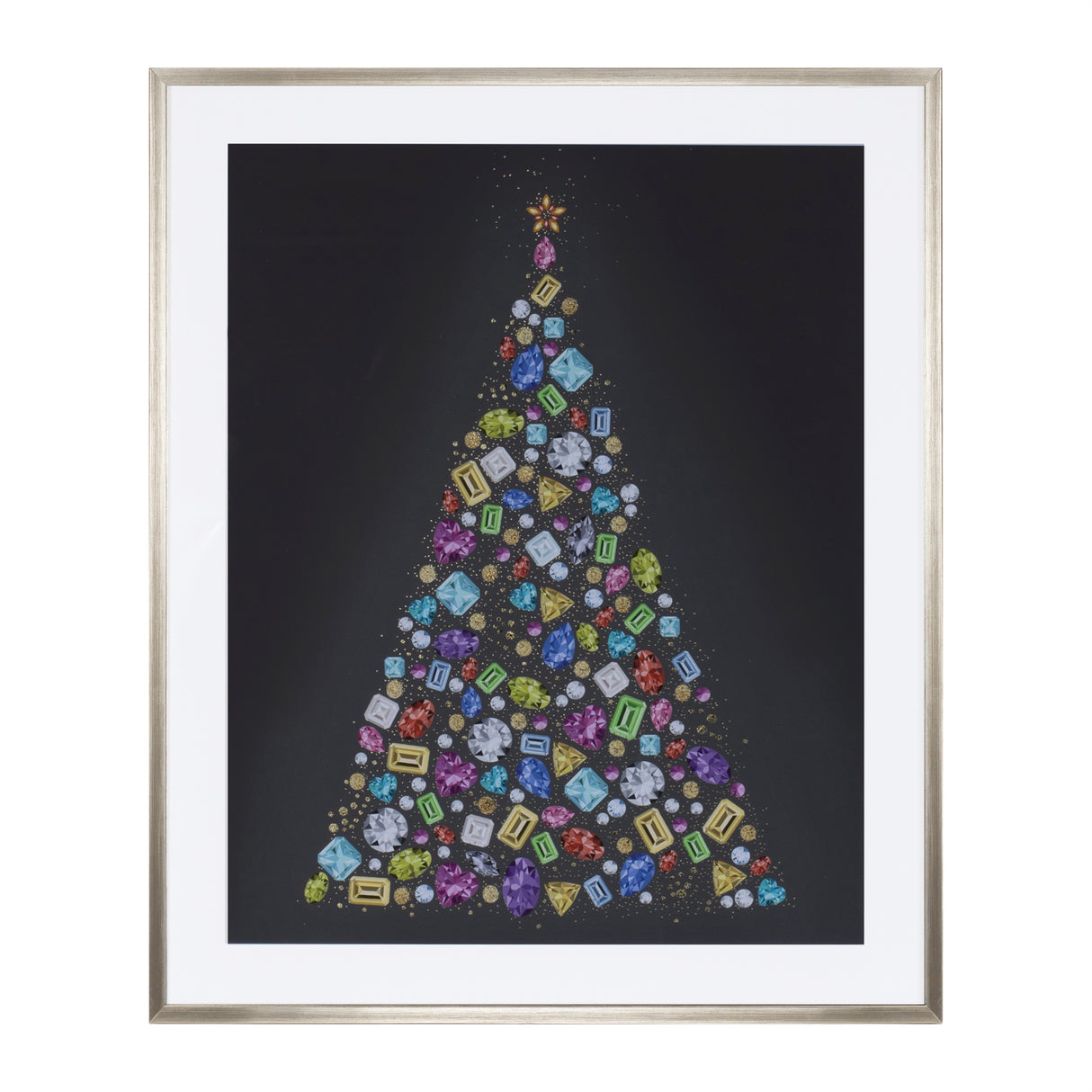 Holiday jewel tree print under glass 23.5"h