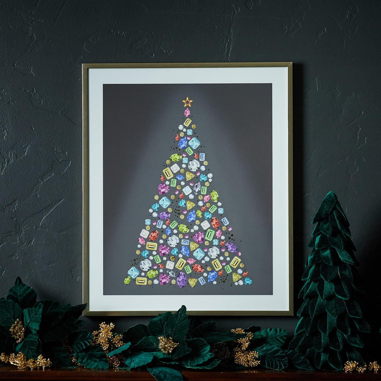 Holiday jewel tree print under glass 23.5"h