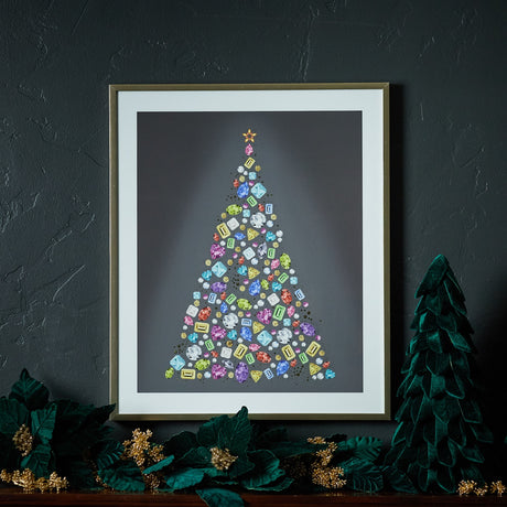 Holiday jewel tree print under glass 23.5"h
