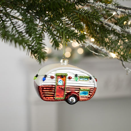 Glittered glass camper ornament (set of 12)