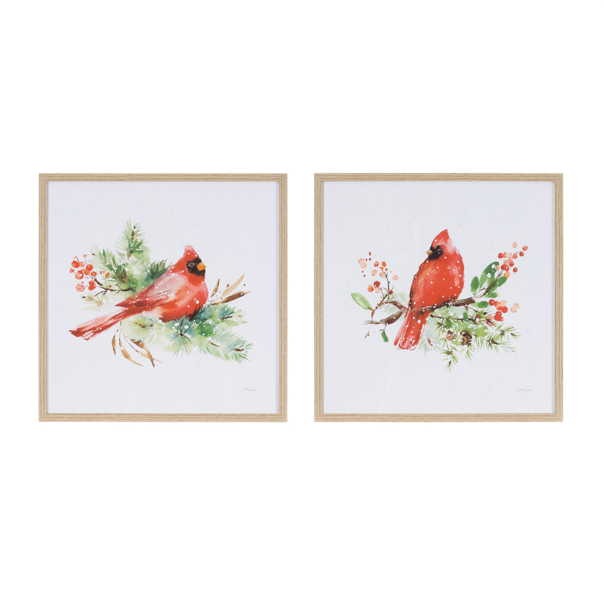 Framed winter cardinal print under glass (set of 2)