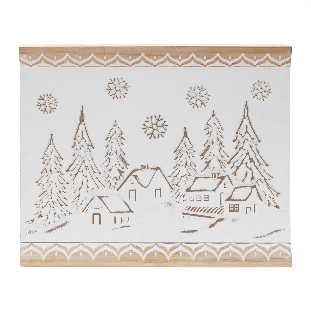 Carved wood winter village wall art 19"l