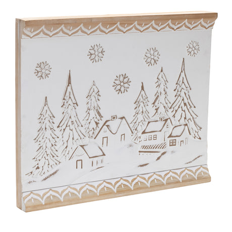 Carved wood winter village wall art 19"l