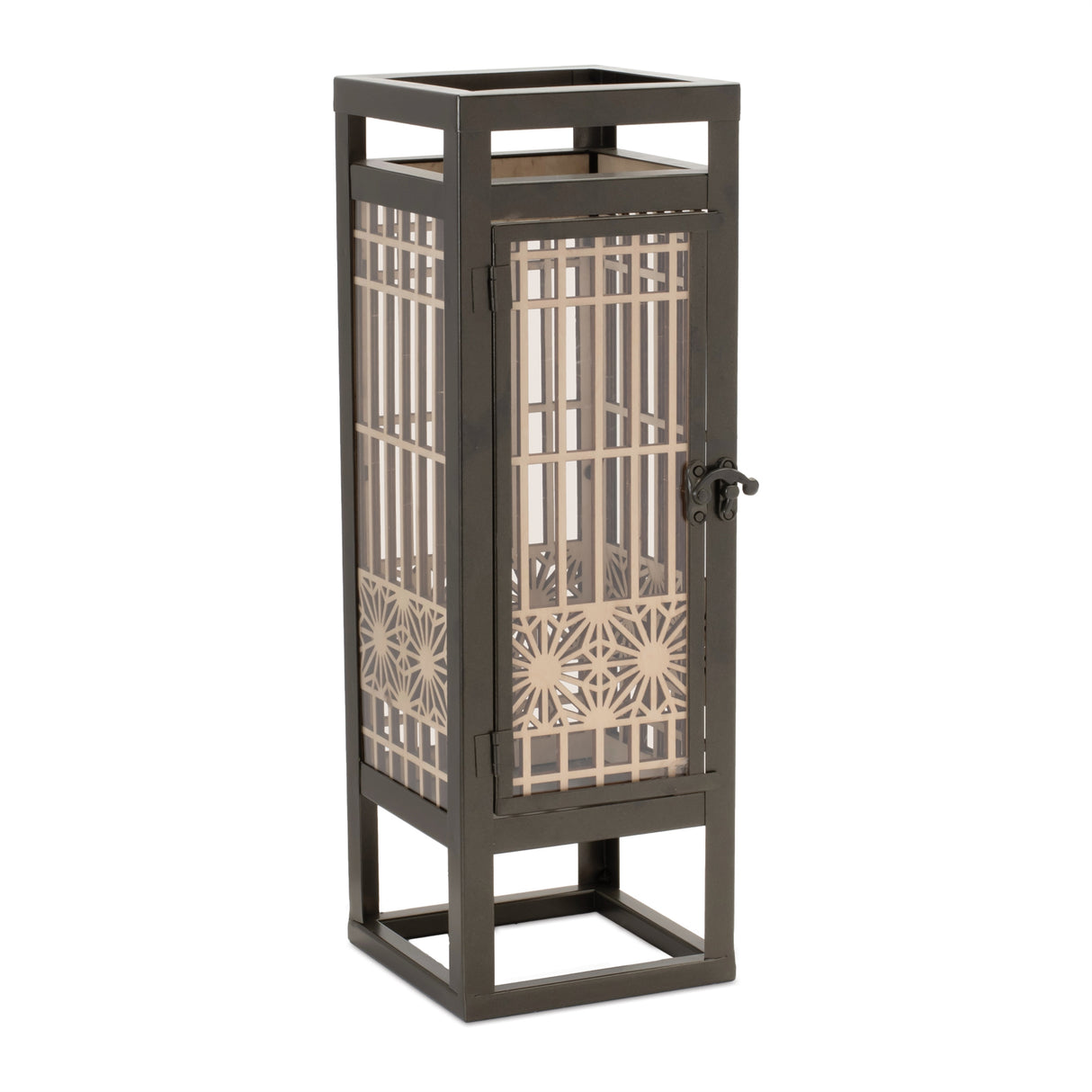 Cut out wood candle holder with iron frame 15"h